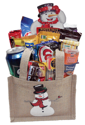 SNCK 286 Burlap Bag w/Snowman filled with Snack Foods  